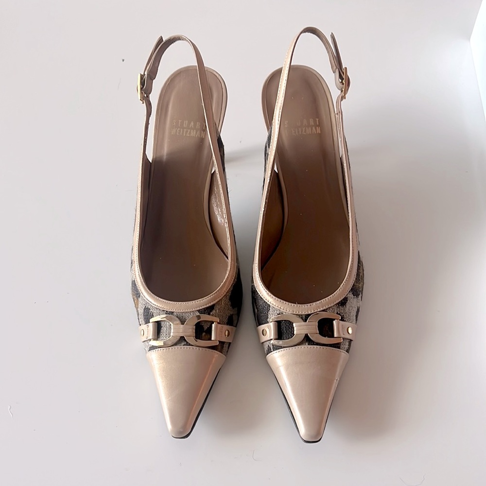 STUART WEITZMAN Leather Cheetah Fabric Sling-back Heels
